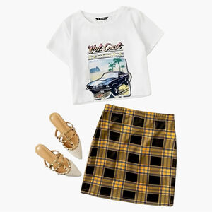 NWOT SHEIN Women's Yellow & Black Plaid High-Waist Pull-On Mini Skirt – Size XS